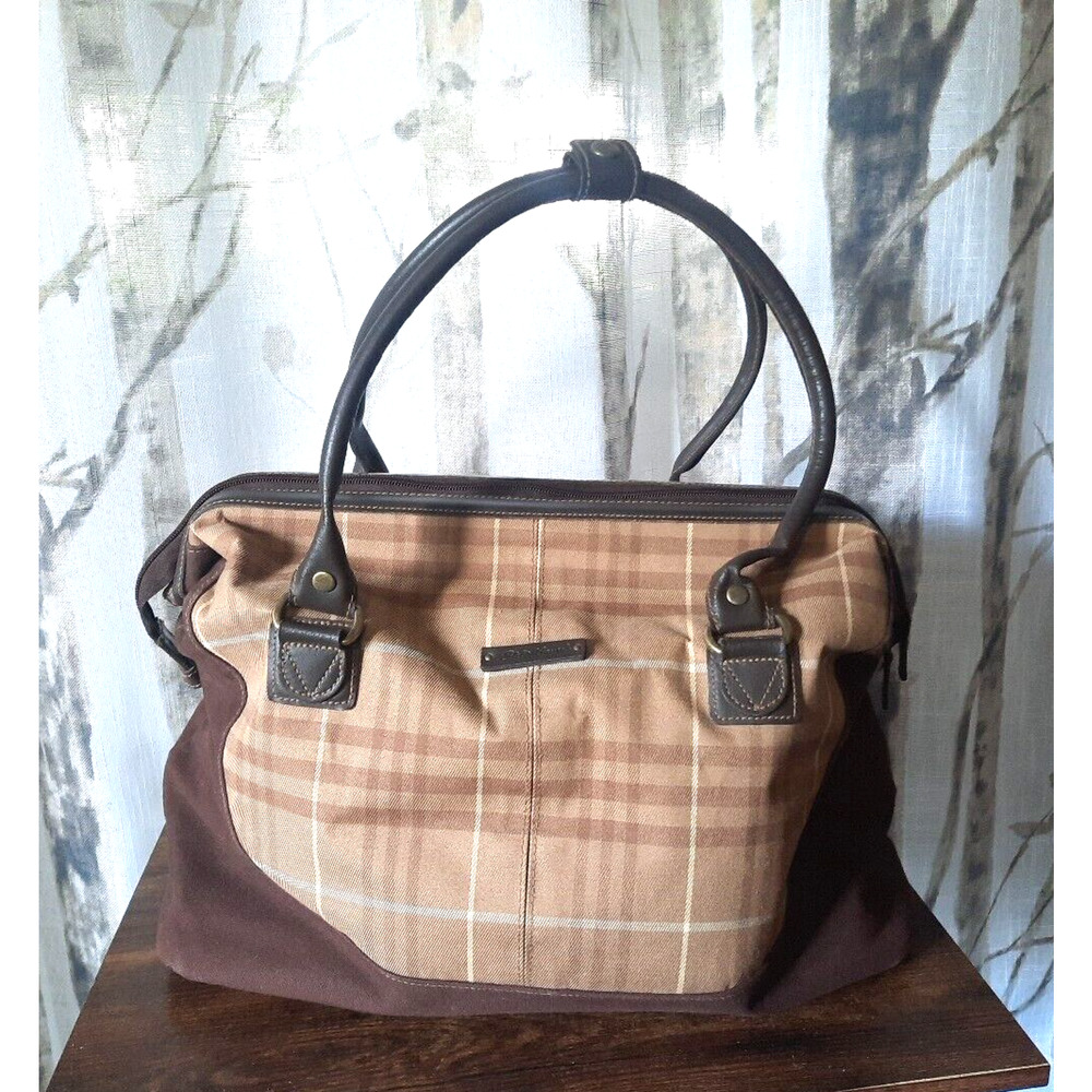 Eddie Bauer Brown Plaid Canvas and Dark Brown Leather Top-Handle Bag
